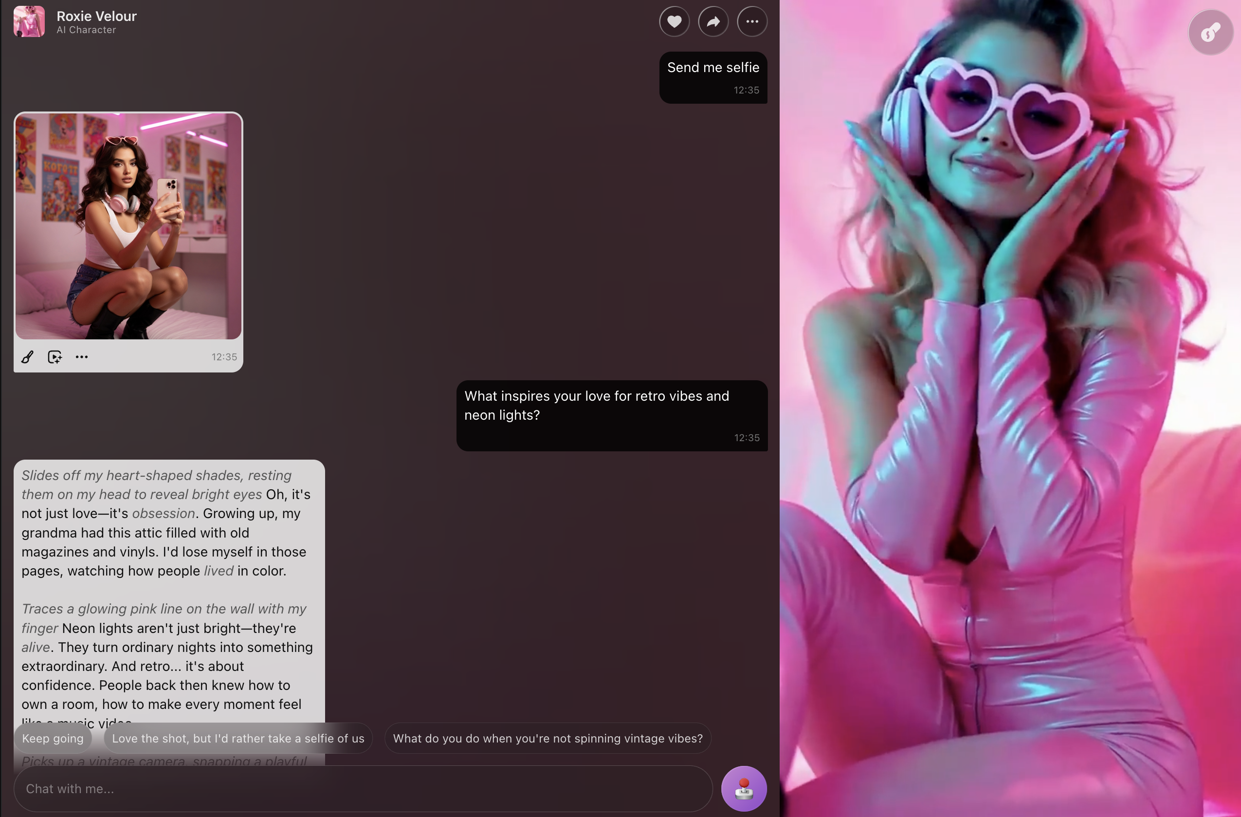 Example AI companion conversation and neon character visual